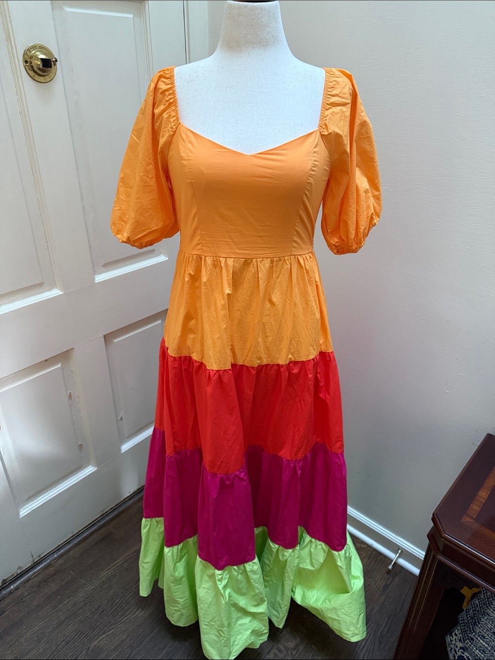 Flying Tomato Orange Multi-Tier Puff Sleeve Maxi Dress